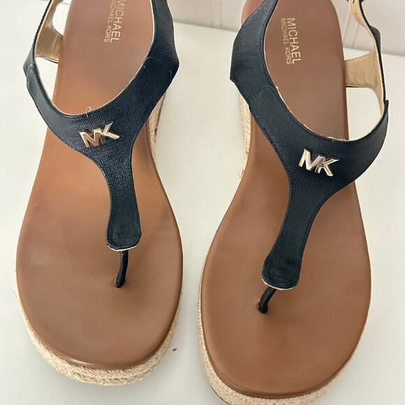 Michael Kors Laney Saffiano Leather Espadrille Wedge Sandals in Black (11) - Picture 9 of 14